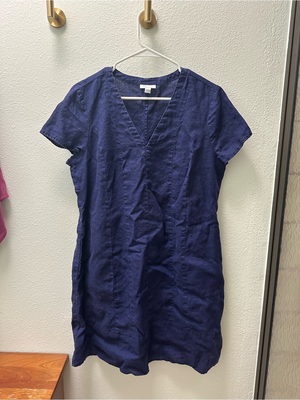 100% Linen Navy V-Neck Short-Sleeve Tunic Dress